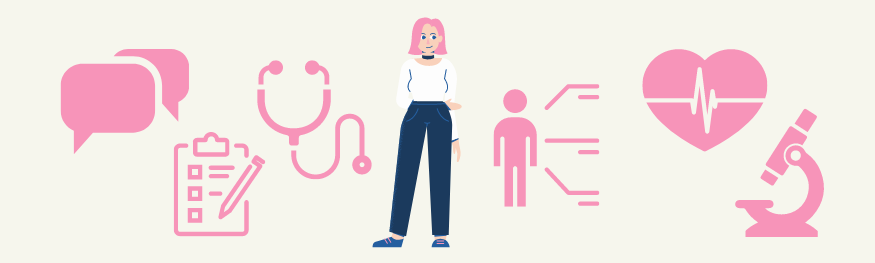 Schaubild von Frau und verschiedenen Symbolen, die die Diagnostik in der Praxis darstellen sollen.