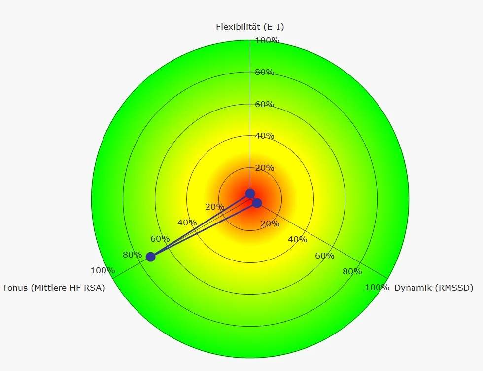 Auswertung des Atemtests (RSA) als Diagramm mit Flexibilität, Tonus und Dynamik, Beispiel mit geringer Atem-Herz-Kopplung