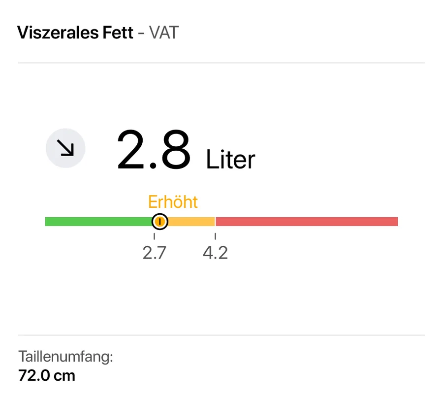 Viszerales Fett in seca myAnalytics, Beispielwert 2,8 Liter im erhöhten Bereich